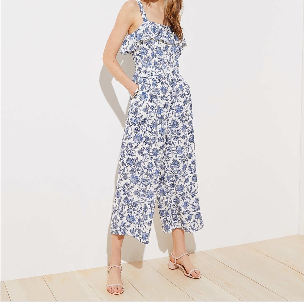 Loft trellis garden ruffle jumpsuit blue white